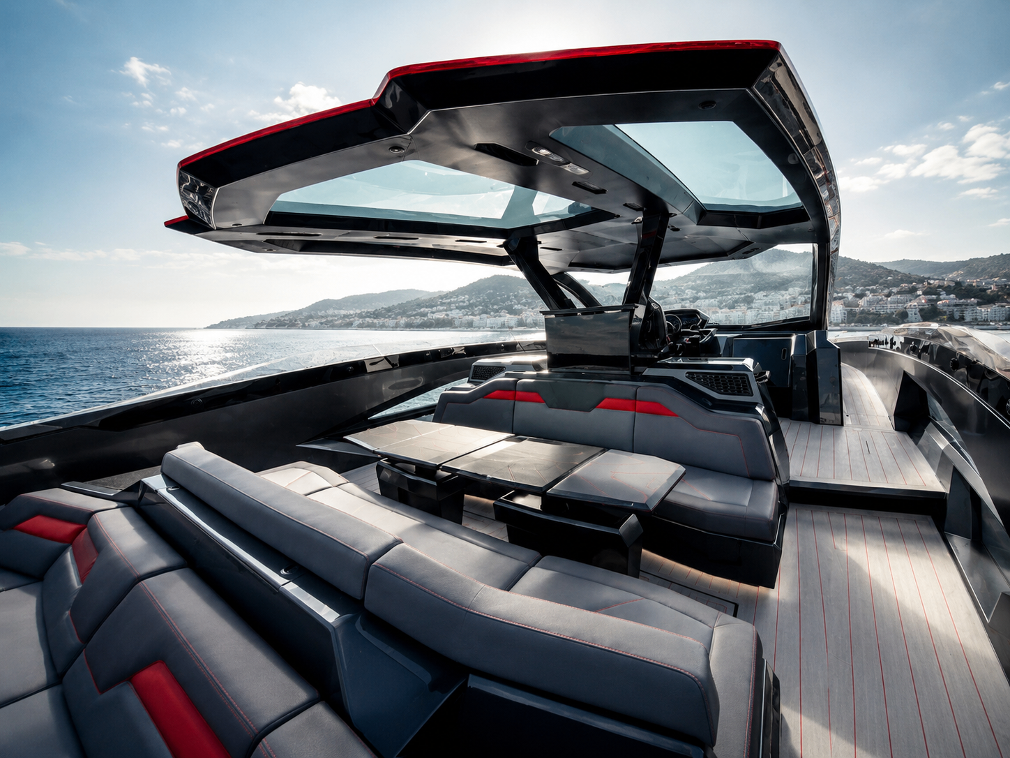 Open aft lounge aboard the Lamborghini INVITEY Boat
