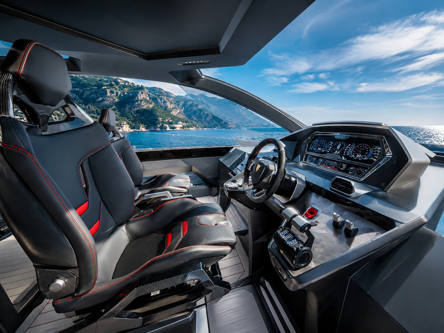 Helm station and pilot seat aboard the Lamborghini INVITEY Boat